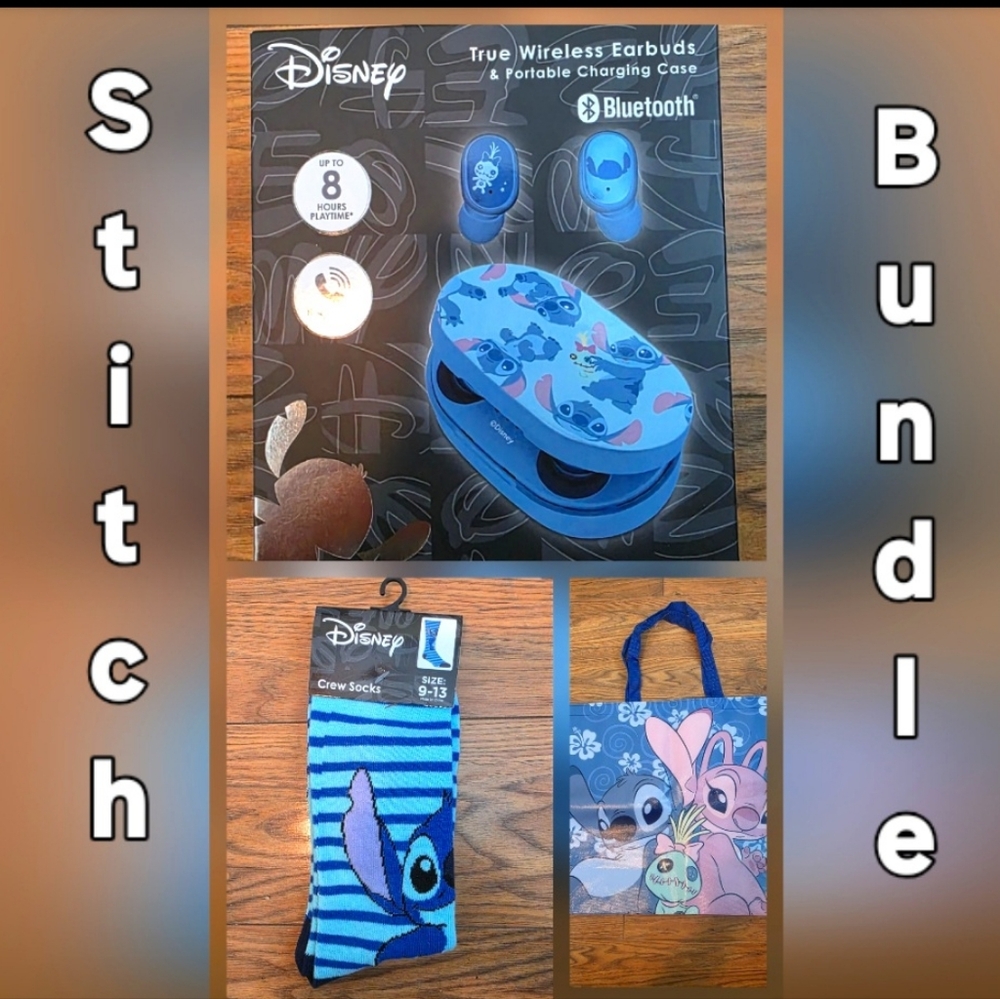 All new Disney Stitch character bundle of 3 items Bluetooth earbuds charging cas
